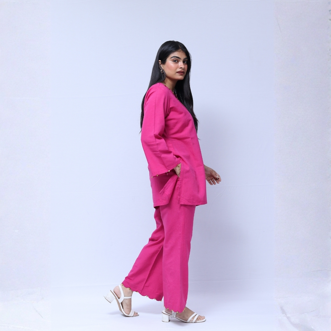 cotton mix short kurti with balbottom & detailing with gungroo cotton mix short kurti with balbottom & detailing with gungroo