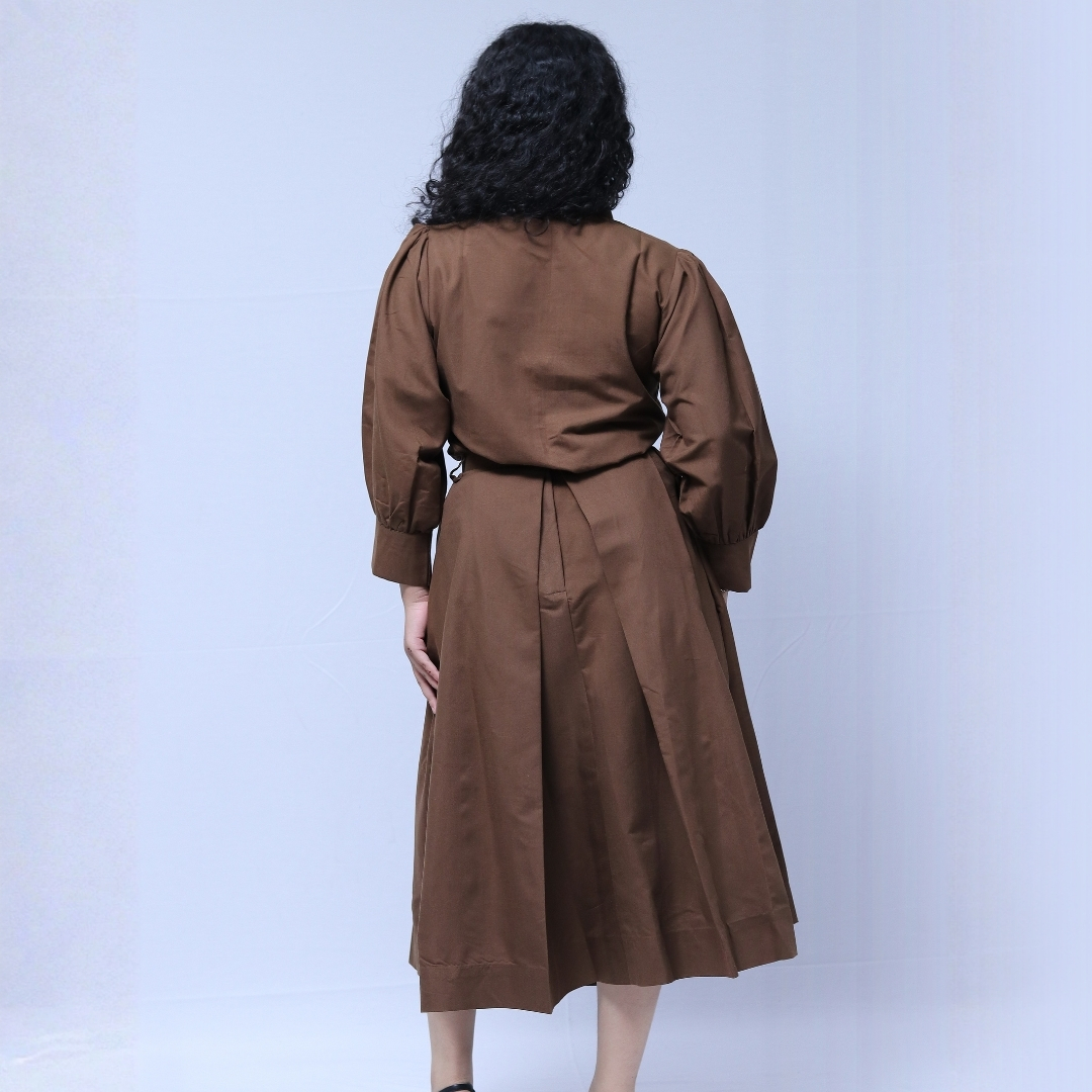mocha brown box plated skirt set with shirt & ballon seleves mocha brown box plated skirt set with shirt & ballon seleves