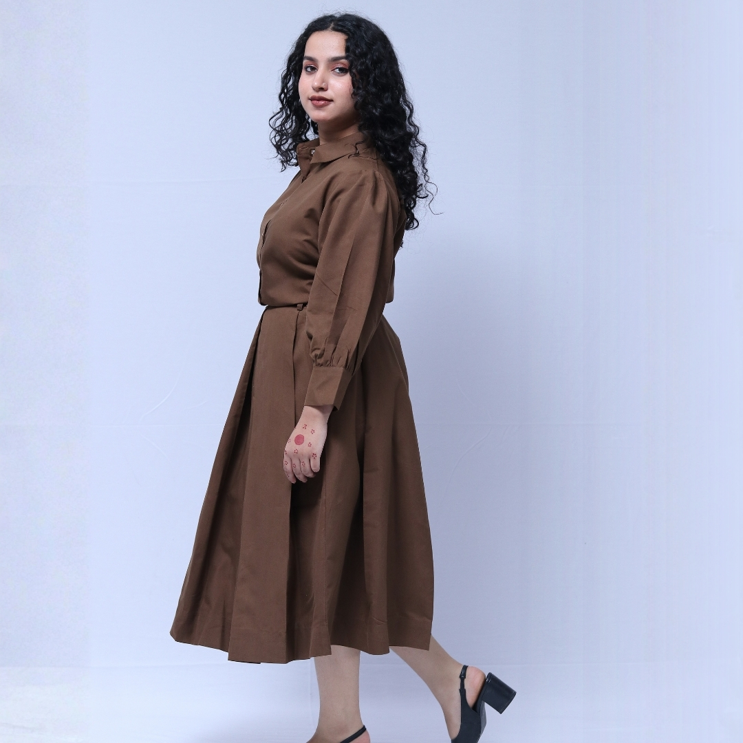 mocha brown box plated skirt set with shirt & ballon seleves mocha brown box plated skirt set with shirt & ballon seleves