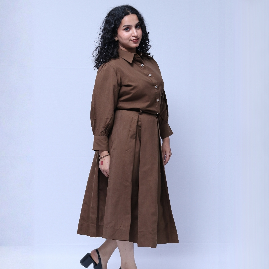 mocha brown box plated skirt set with shirt & ballon seleves mocha brown box plated skirt set with shirt & ballon seleves