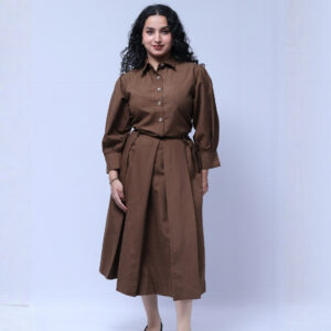 mocha brown box plated skirt set with shirt & ballon seleves