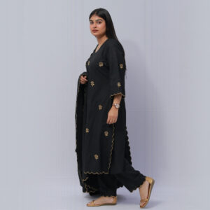 black cotton mix suit set with dupatta & firozi cut work on suit set