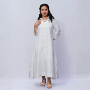 white long shirt dress with golden botton