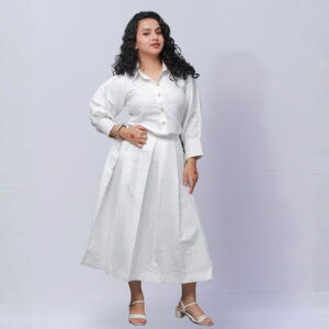 white box plated skirt with ballon seves shirt & touch of golden botton
