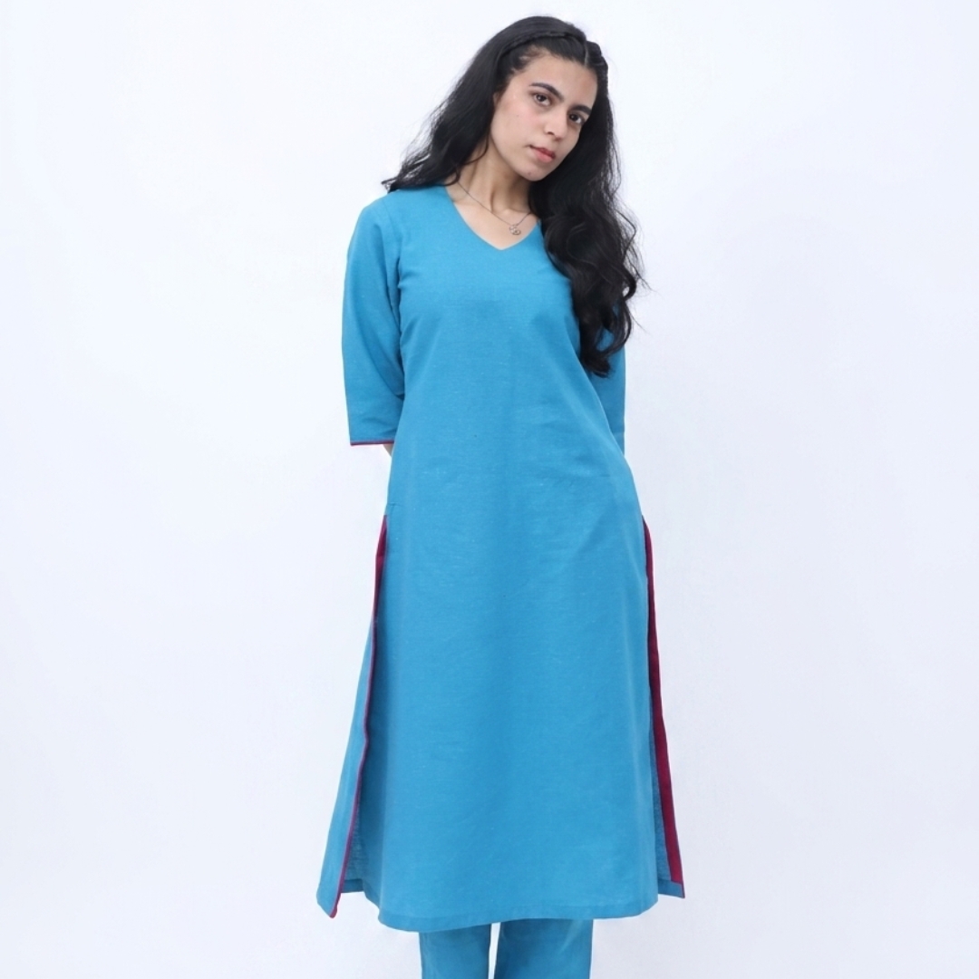 khadi blue suit with pant & with hot pink patti detailing khadi blue suit with pant & with hot pink patti detailing