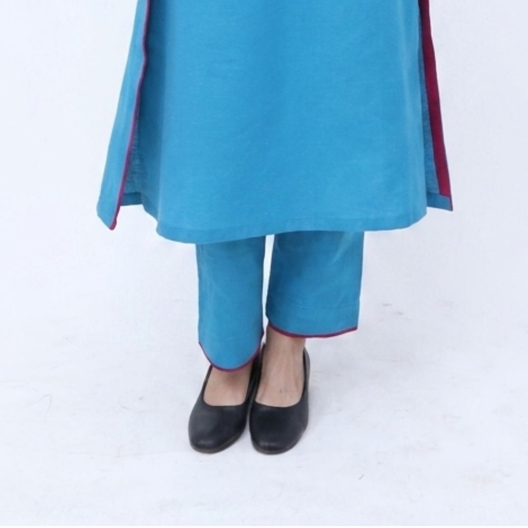 khadi blue suit with pant & with hot pink patti detailing khadi blue suit with pant & with hot pink patti detailing