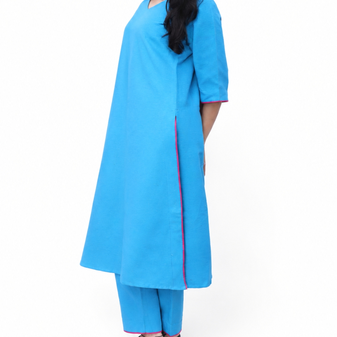 khadi blue suit with pant & with hot pink patti detailing khadi blue suit with pant & with hot pink patti detailing