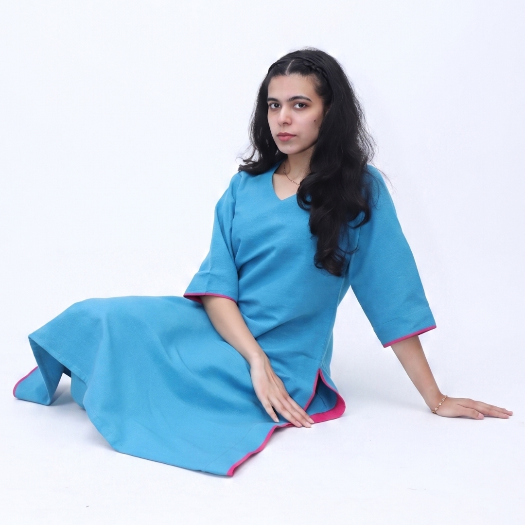 khadi blue suit with pant & with hot pink patti detailing khadi blue suit with pant & with hot pink patti detailing
