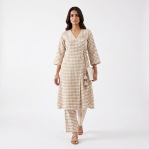 khadi white & beige check angrakha