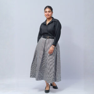 black shirt with inside lining & printed black & white box plated skirt