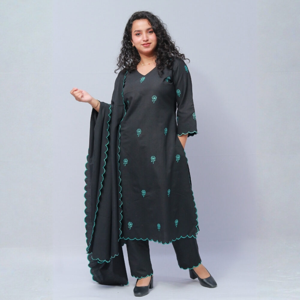 black cotton mix suit set with dupatta & firozi cut work on suit set