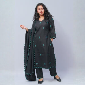 black cotton mix suit set with dupatta & firozi cut work on suit set