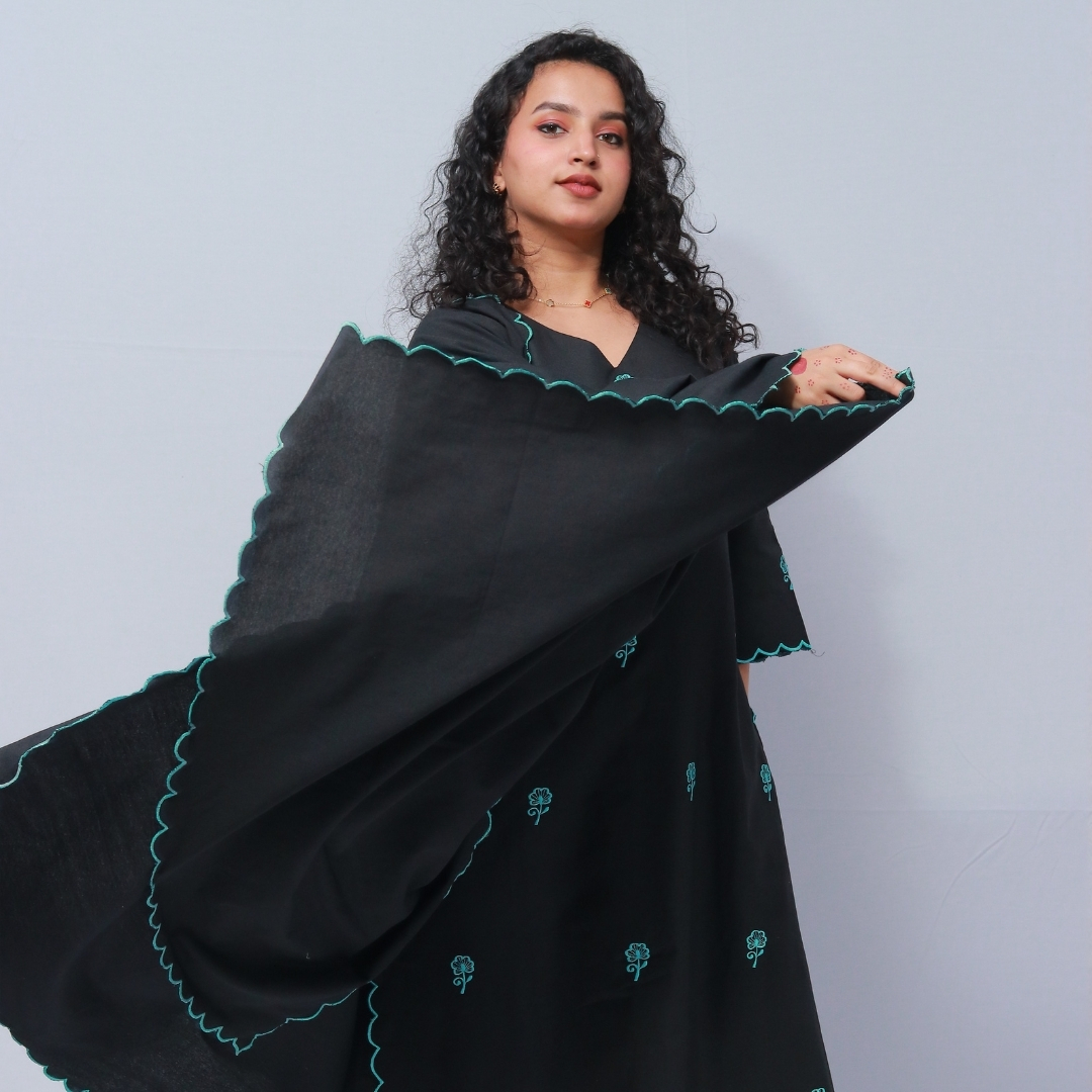 black cotton mix suit set with dupatta & firozi cut work on suit set black cotton mix suit set with dupatta & firozi cut work on suit set