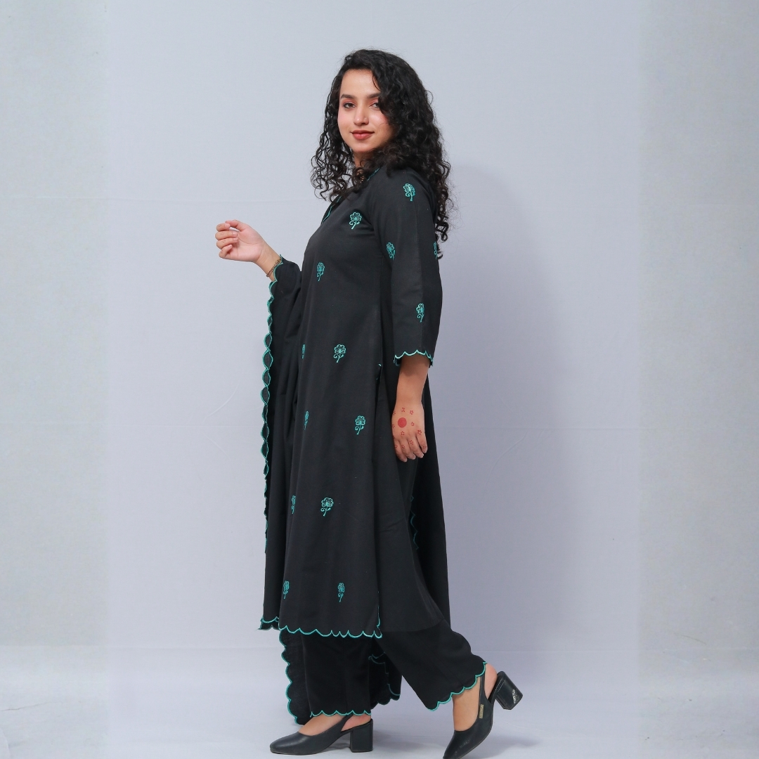 black cotton mix suit set with dupatta & firozi cut work on suit set black cotton mix suit set with dupatta & firozi cut work on suit set